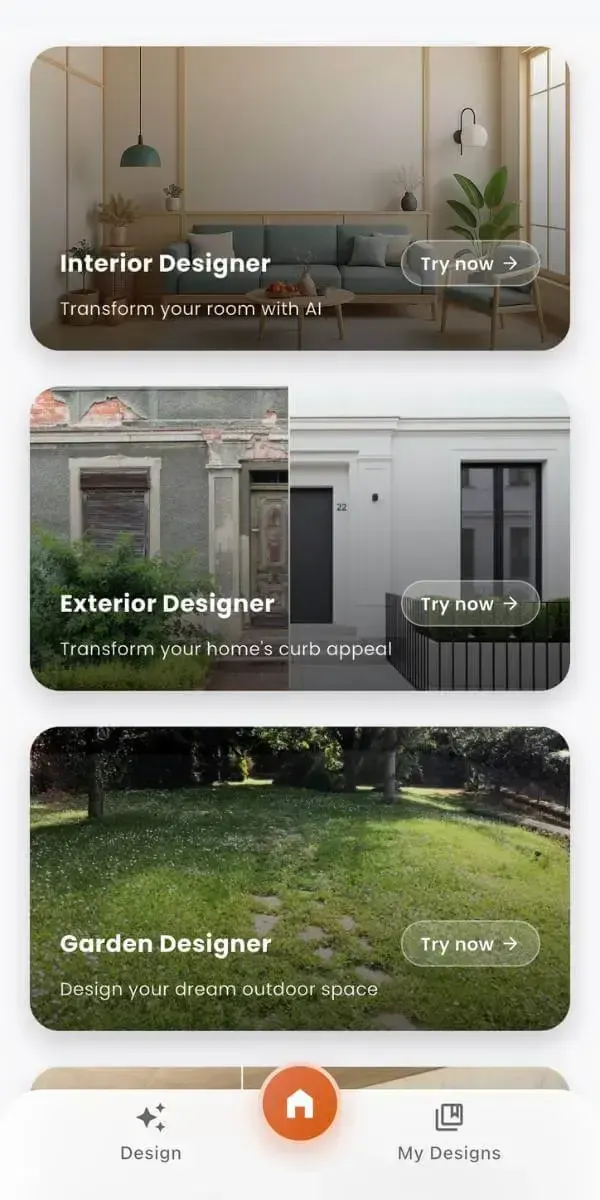 DecorAI AI home design app preview on iPhone — gallery of restyled rooms